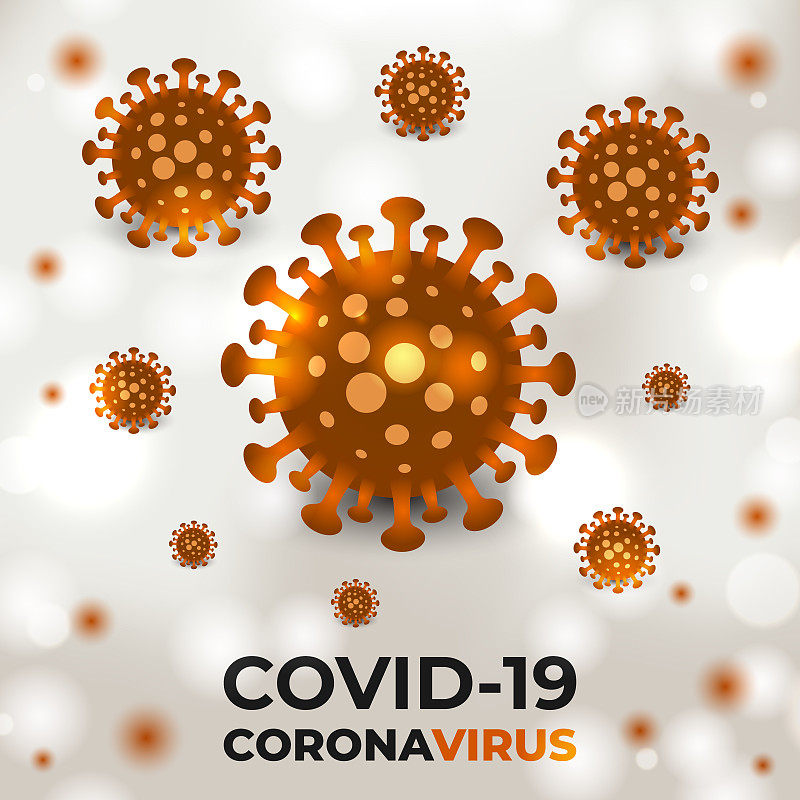 白色医学背景上的细菌冠状病毒细胞。covid - 19黄色病毒细胞。冠状病毒，covid-19的现实例证。